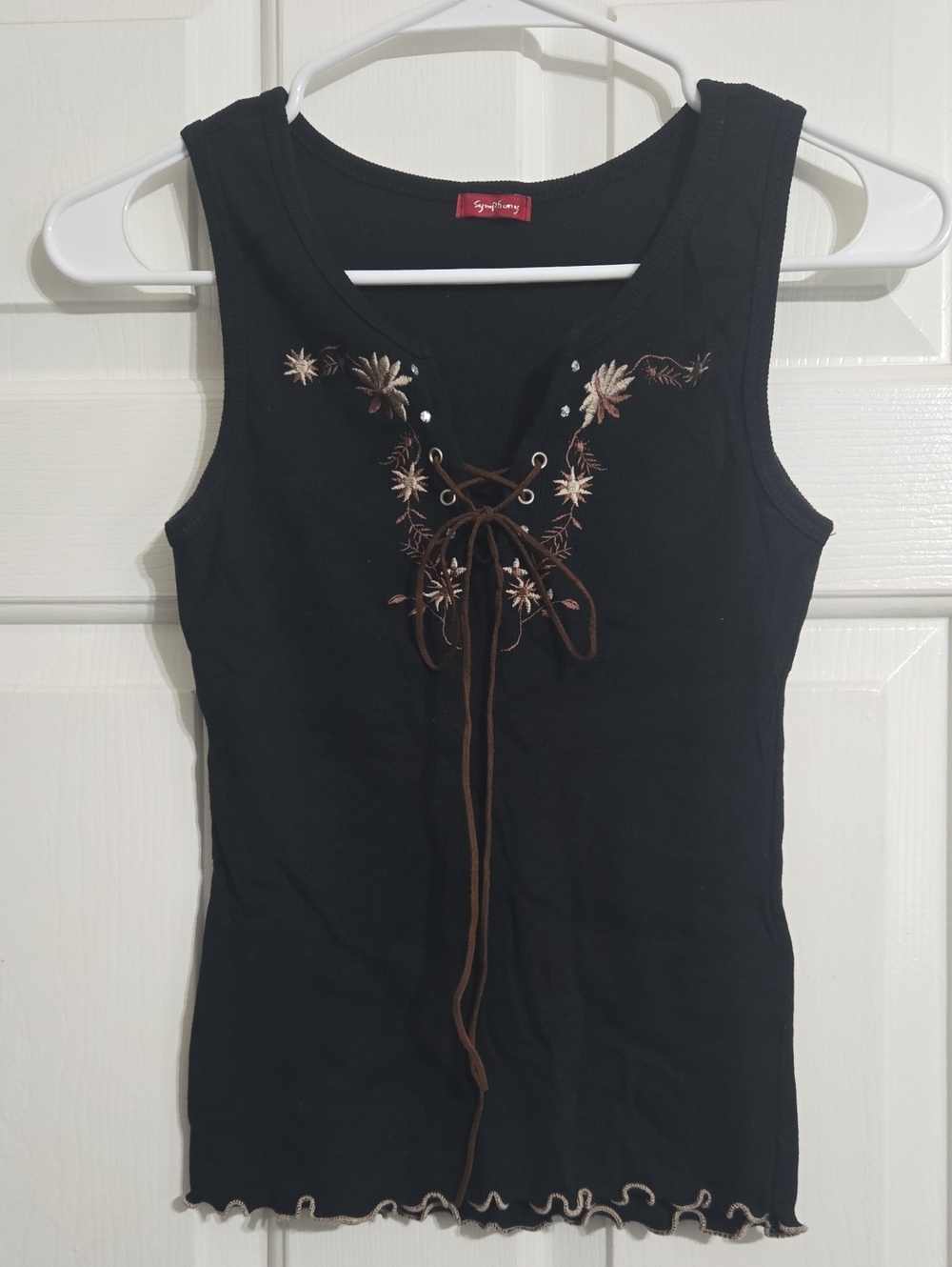 Vintage Symphony Black Tank Top with Brown and Cream Floral Embroidery